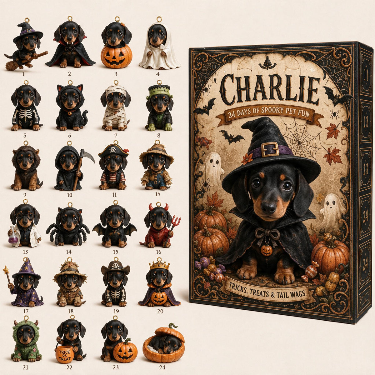 Personalized Halloween Black and Tan Dachshund Puppy Advent Calendar with Ornaments, Dog Lover Gift