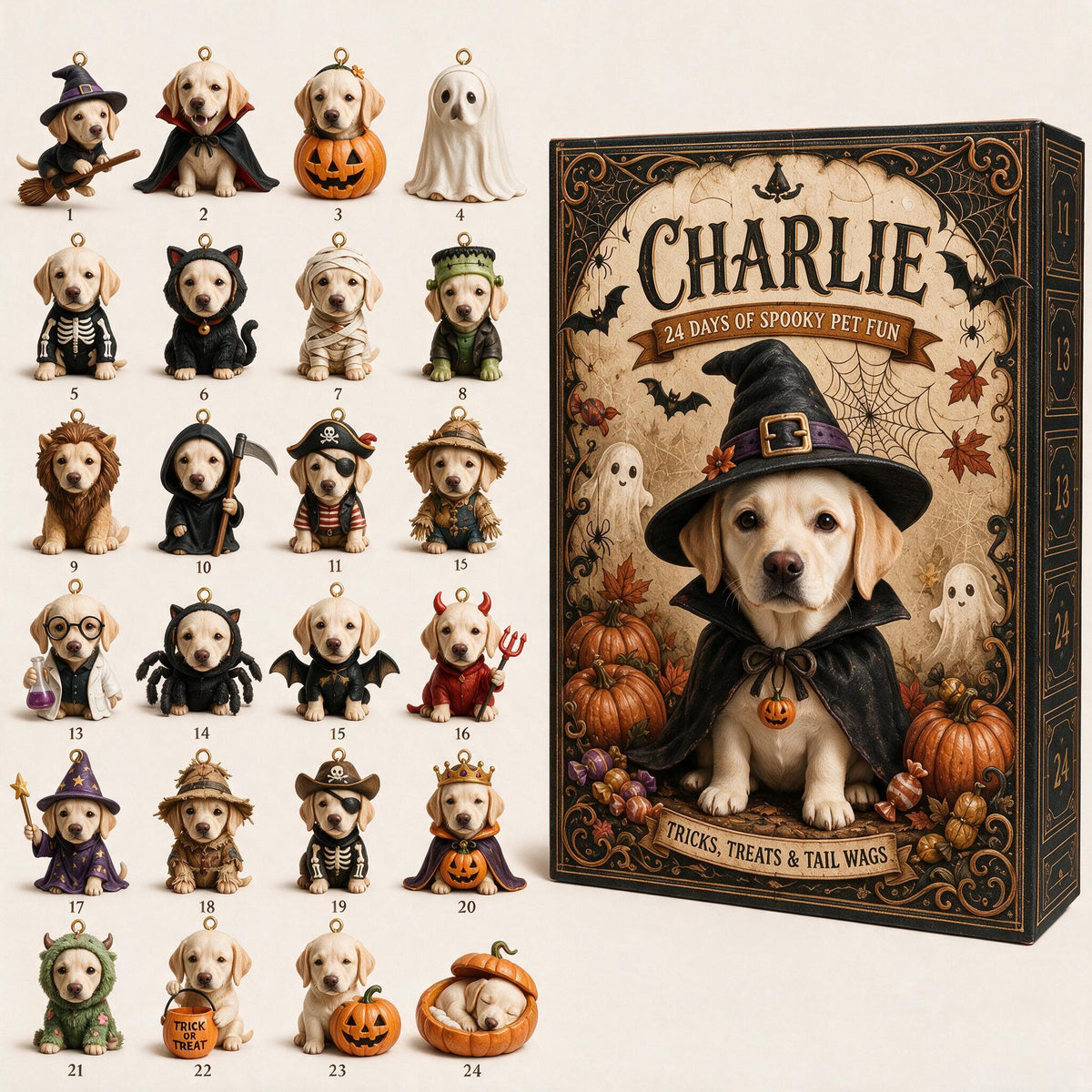 Personalized Halloween Yellow Labrador Retriever Advent Calendar Ornament Set
