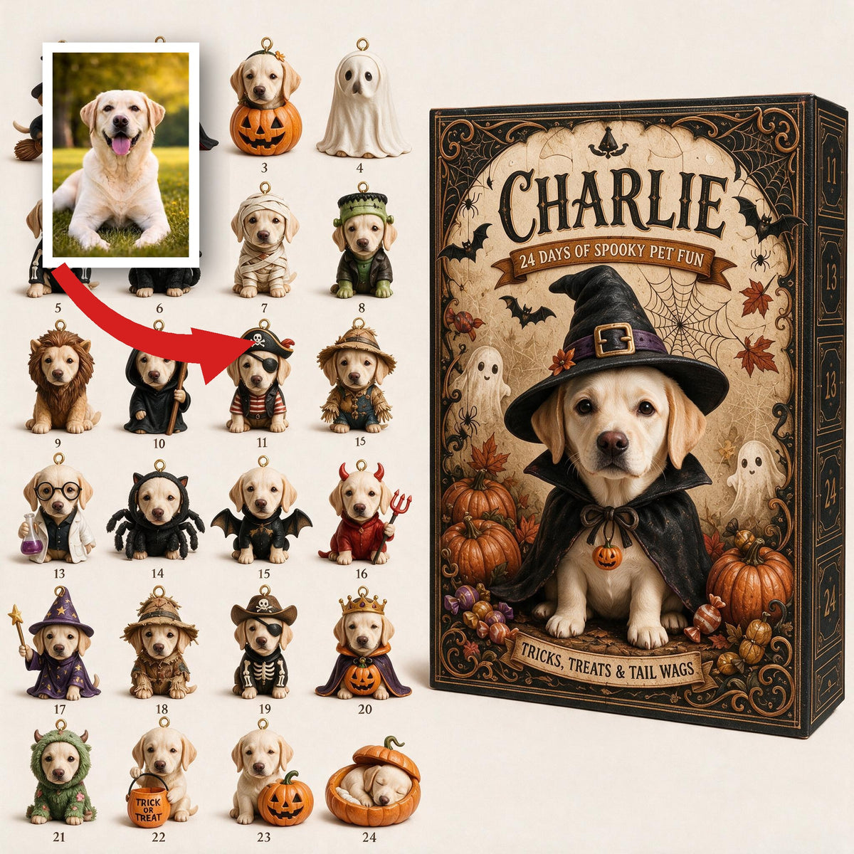 Personalized Halloween Yellow Labrador Retriever Advent Calendar Ornament Set