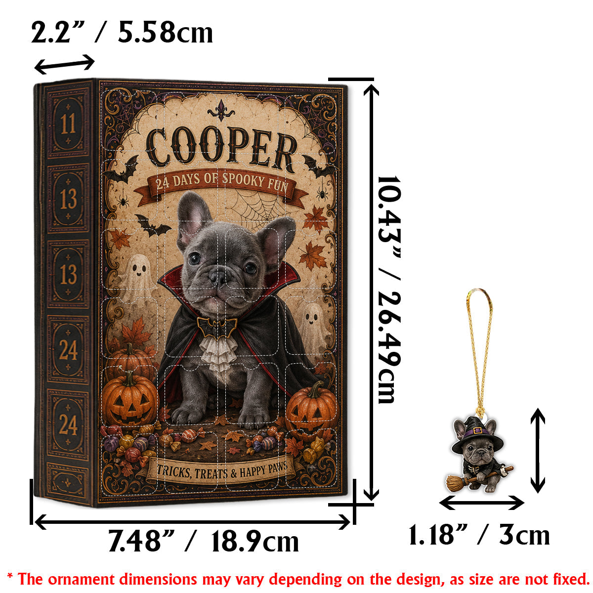 Personalized Halloween Fawn Pug Advent Calendar with Mini Ornaments, Dog Lover Gift
