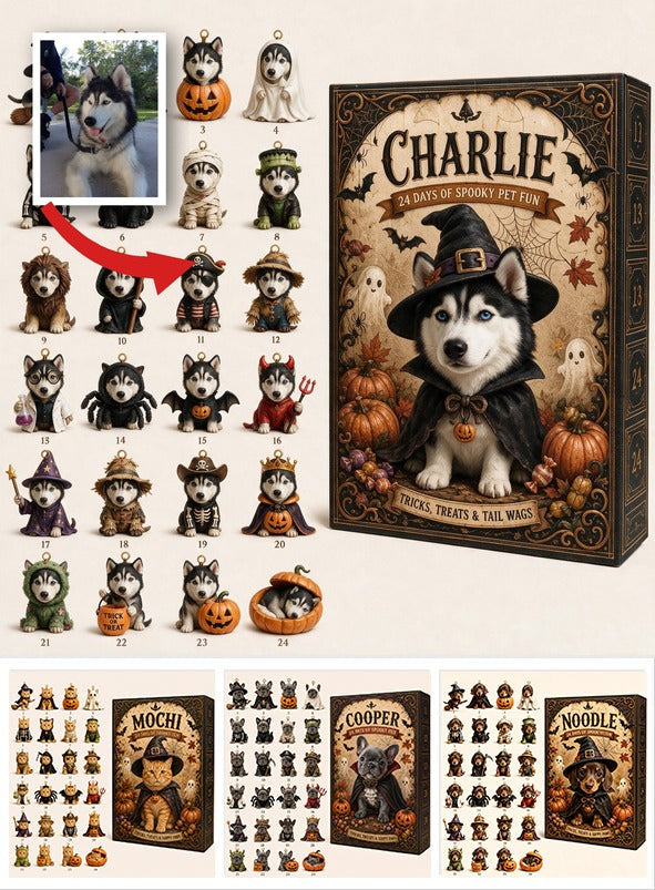 Personalized Halloween Black & White Siberian Husky Advent Calendar Ornament Set