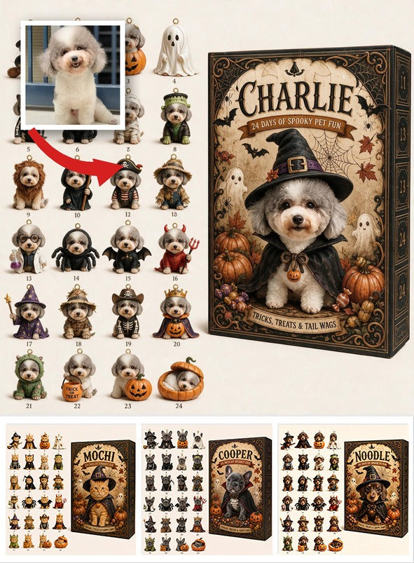 Personalized Halloween Curly Fur Poodle Advent Calendar with Spooky Mini Ornaments