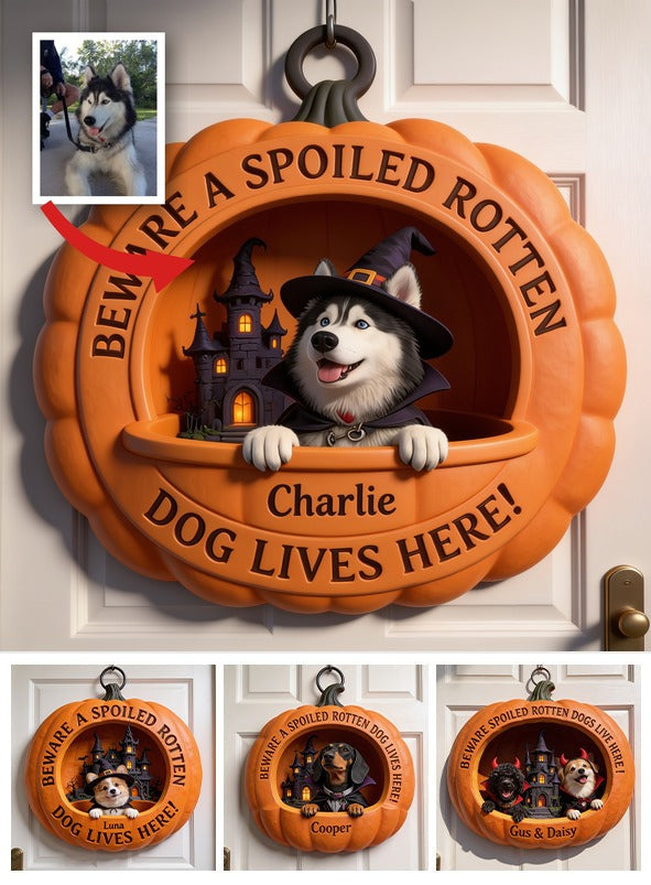 Personalized Halloween Blue Eyed Siberian Husky Pumpkin Shaped Wood Sign Home Decor