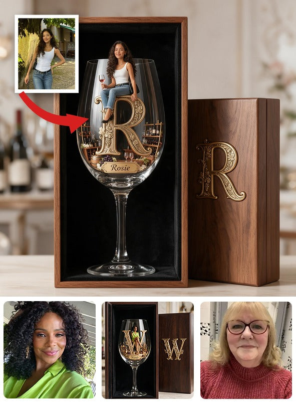 Personalized Latina Woman Initial Wine Glass Set With Wooden Box Wine Lover Gift