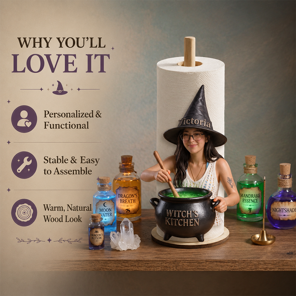 Personalized Latina Witch Kitchen Paper Towel Stand, Countertop Decor Gift