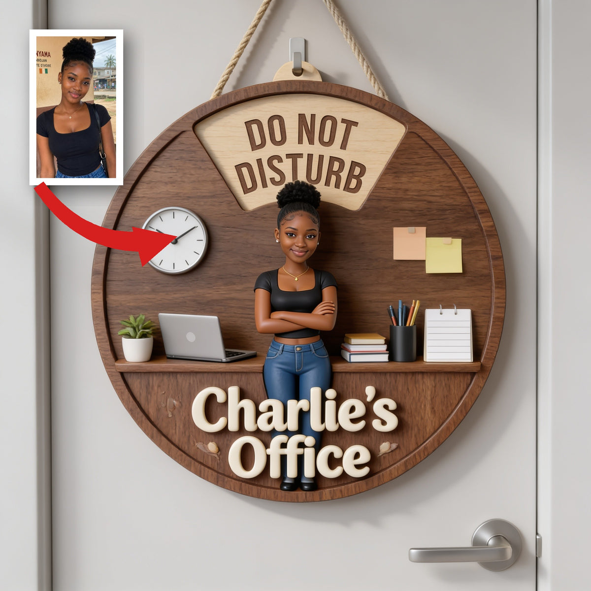 Personalisierte Foto Schwarze Frau Büro Status Spinner Schild Türdekoration
