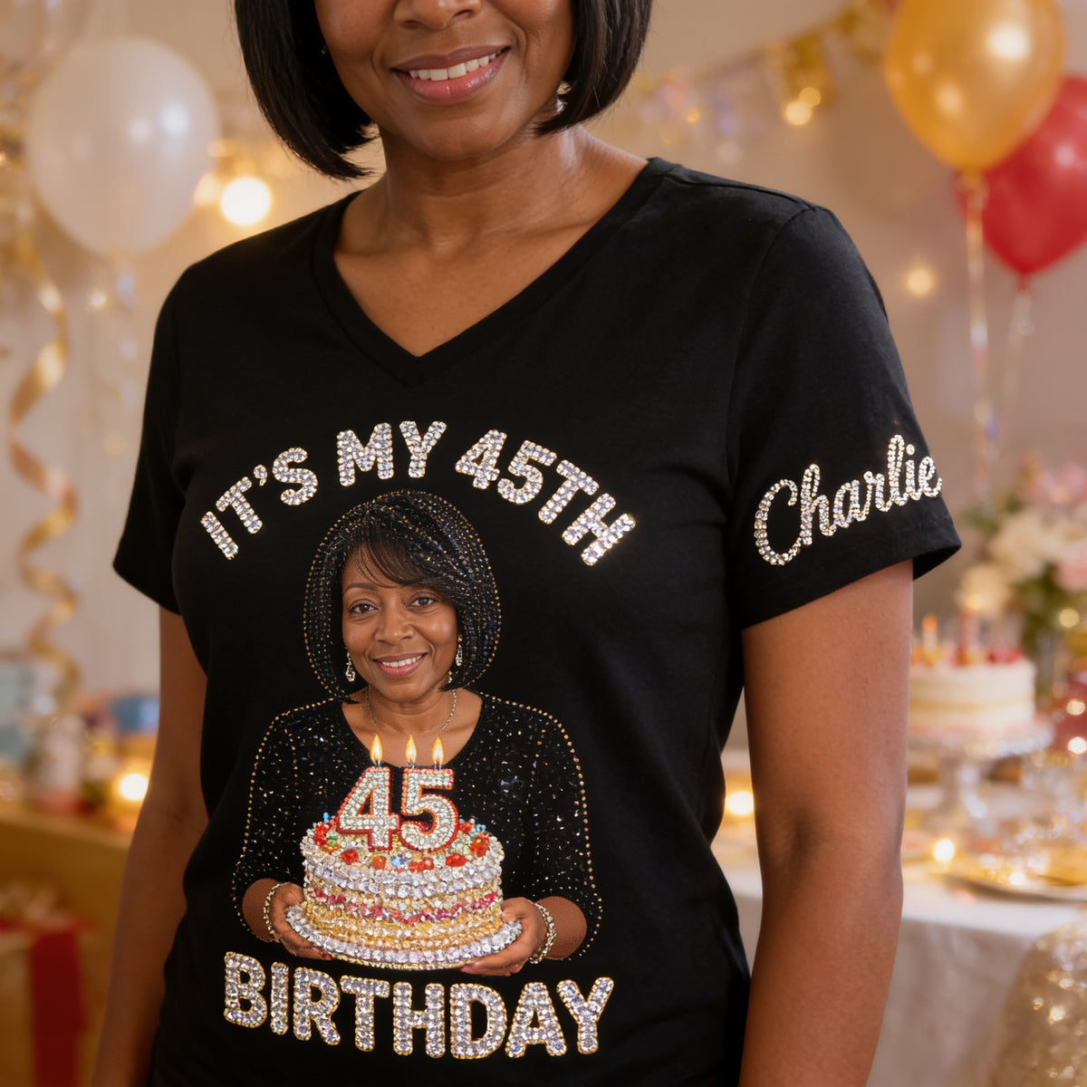 Personalized 45th Birthday Middle-Aged Black Woman V-Neck T-Shirt Birthday Gift