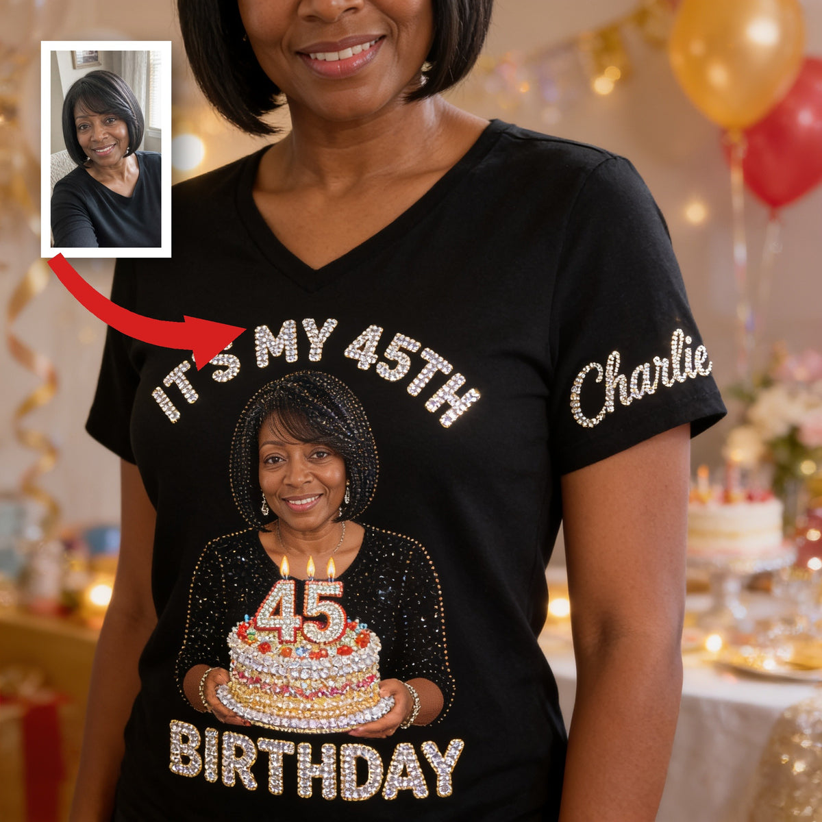 Personalized 45th Birthday Middle-Aged Black Woman V-Neck T-Shirt Birthday Gift
