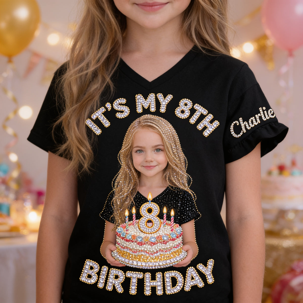 Personalized Birthday Little Girl V-Neck T-Shirt Birthday Gift for Daughter Granddaughter Niece