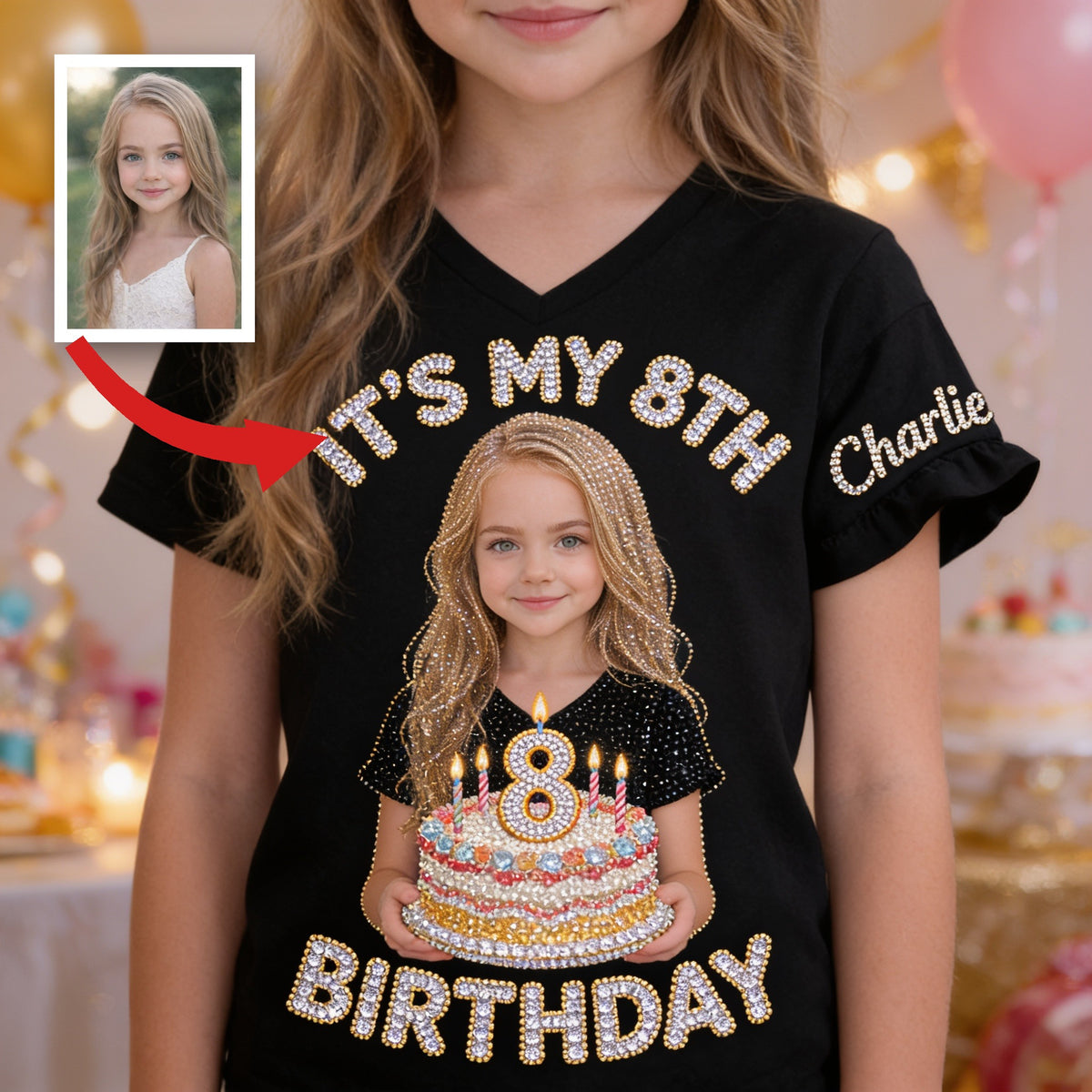 Personalized Birthday Little Girl V-Neck T-Shirt Birthday Gift for Daughter Granddaughter Niece