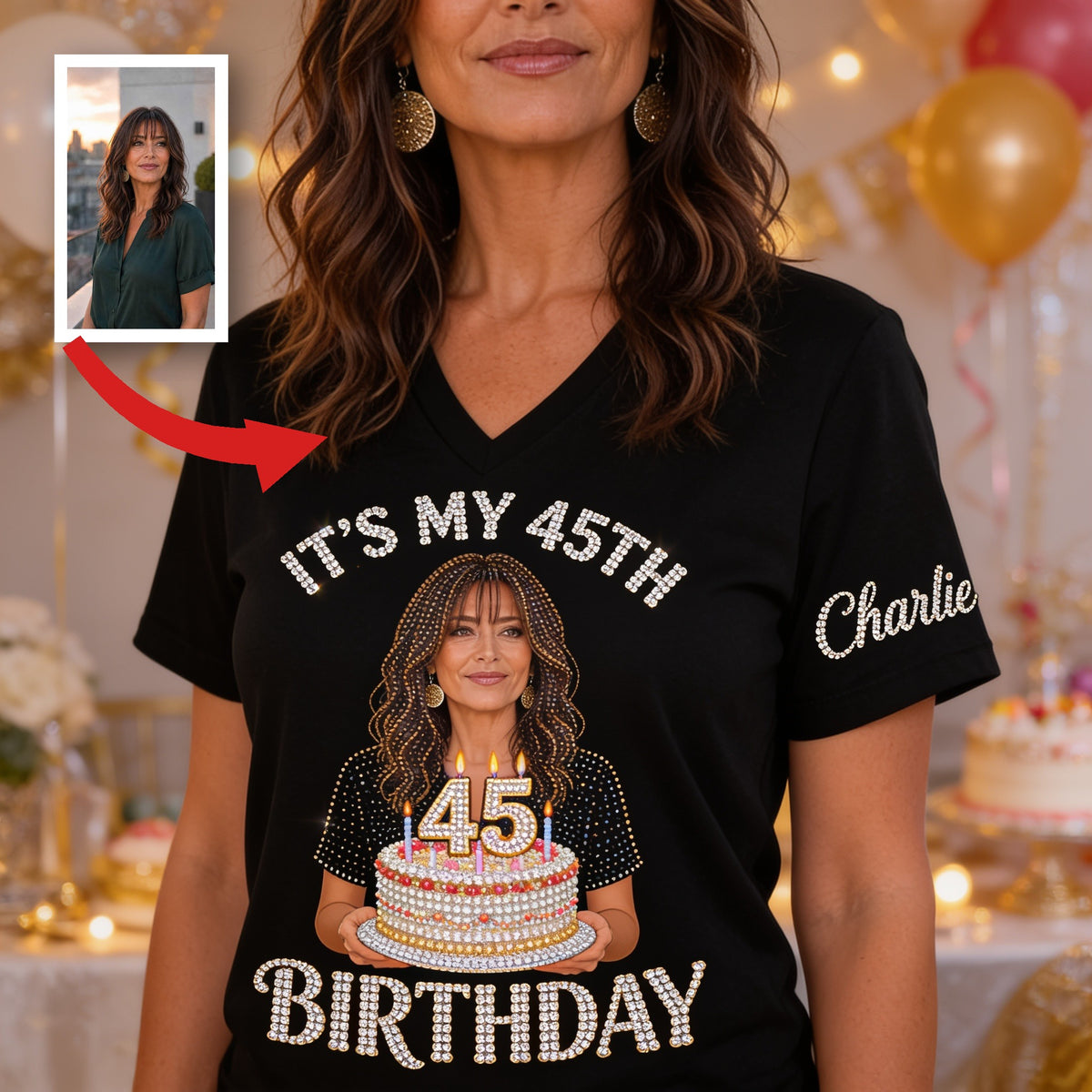 Personalized 45th Birthday Middle-Aged Latina Woman V-Neck T-Shirt Birthday Gift