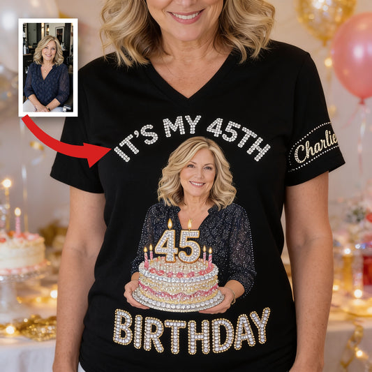 T-shirt V-Neck Personnalisé pour le 45ème Anniversaire d'une Femme
