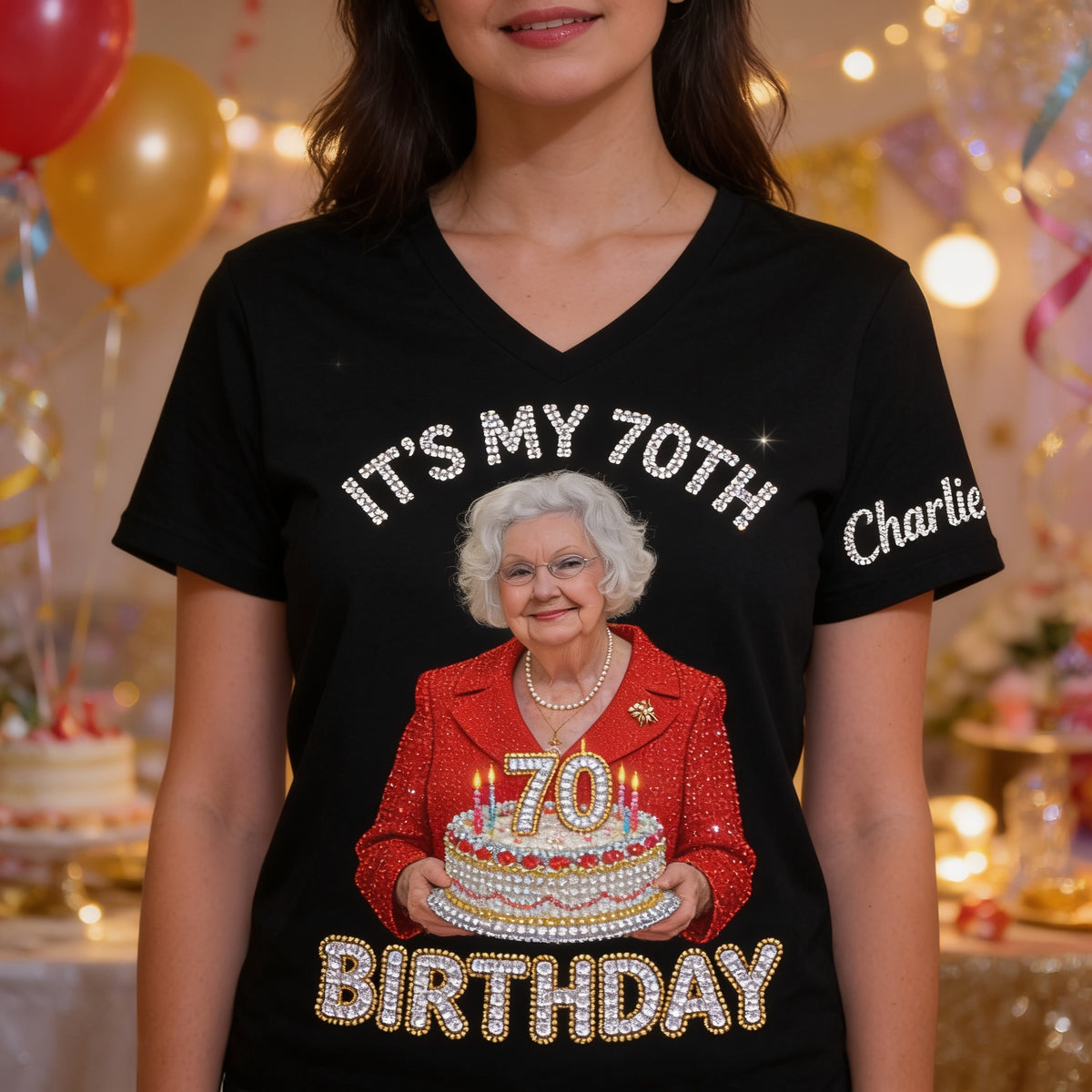 Personalized 70th Birthday Older Woman Fully Printed V-Neck T-Shirt