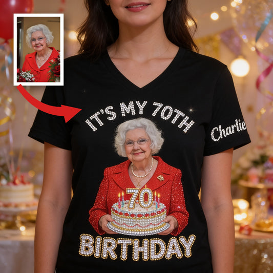 T-shirt V-Neck Personnalisé pour le 70e Anniversaire Femme