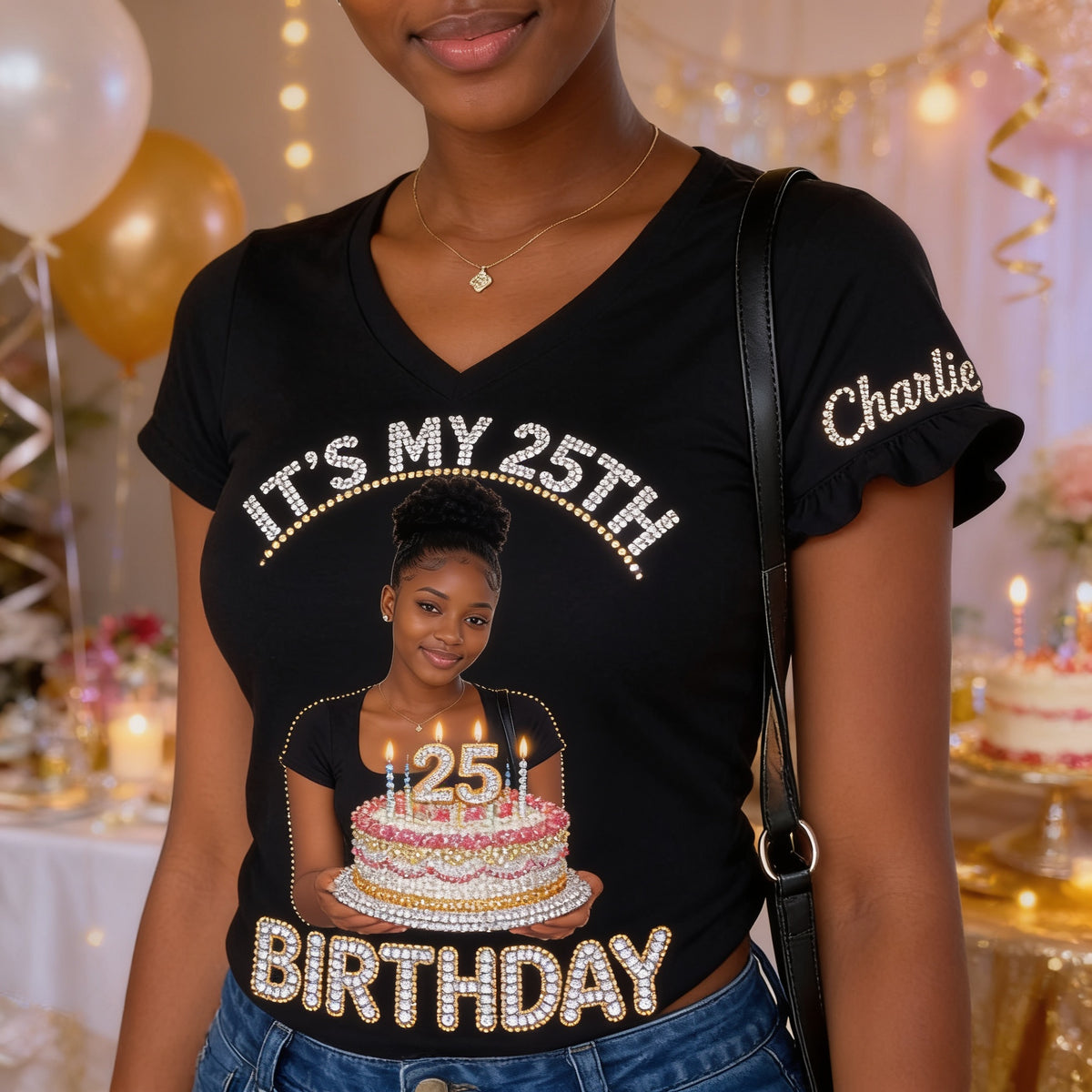 Personalized 25th Birthday Black Woman V-Neck T-Shirt Gift for Her