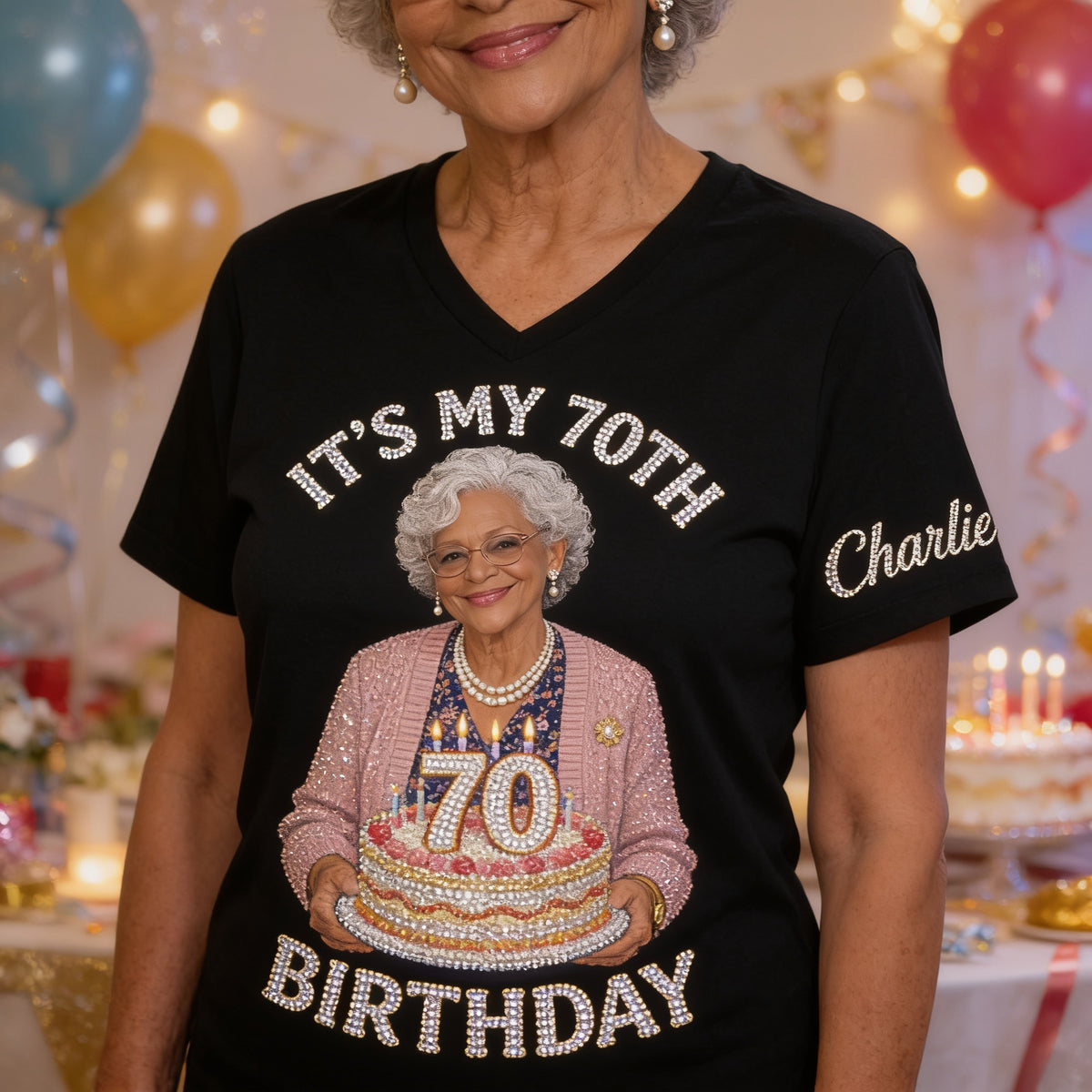 Personalized 70th Birthday Older Black Woman V-Neck T-Shirt Gift