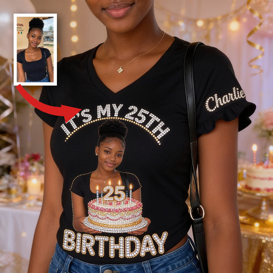 T-shirt V-Neck Personnalisé Femme Noire pour 25e Anniversaire