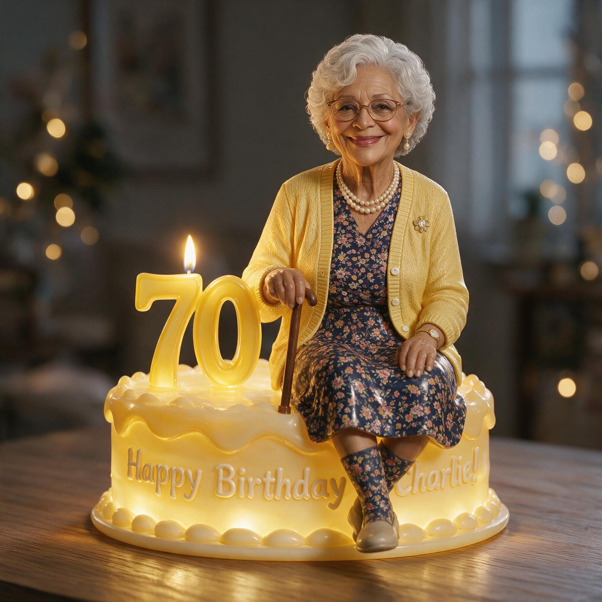Personalized 70th Birthday Older Black Woman Acrylic LED Night Light
