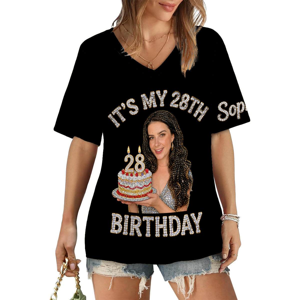 Personalized 70th Birthday Older Woman Fully Printed V-Neck T-Shirt