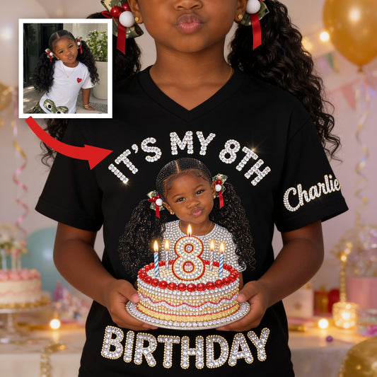 T-shirt V-Neck Noir Personnalisé pour 8ème Anniversaire Fille