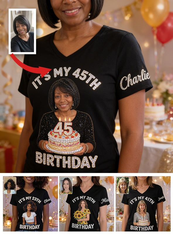 Personalized 45th Birthday Middle-Aged Black Woman V-Neck T-Shirt Birthday Gift