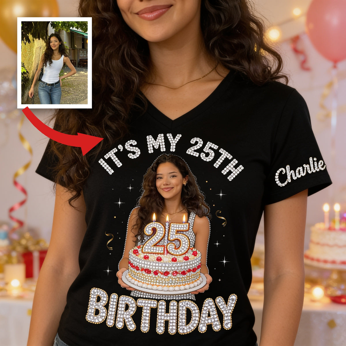 Personalized 25th Birthday Latina Woman V-Neck T-Shirt Birthday Gift