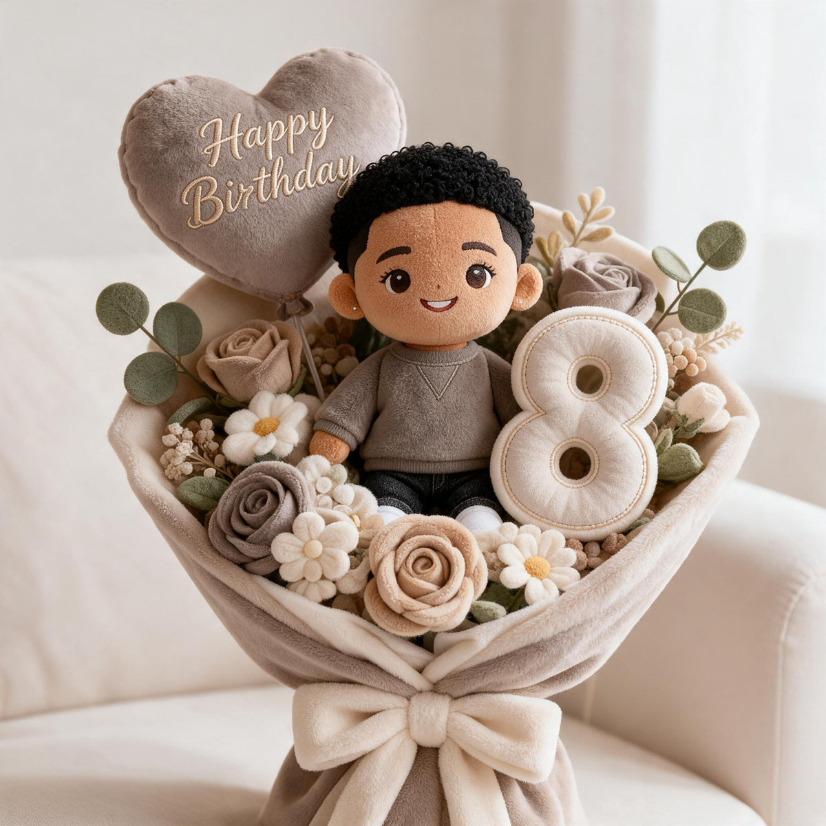 Personalized 8th Birthday Black Little Boy Faux Fur Pillow, Gift for Son Grandson
