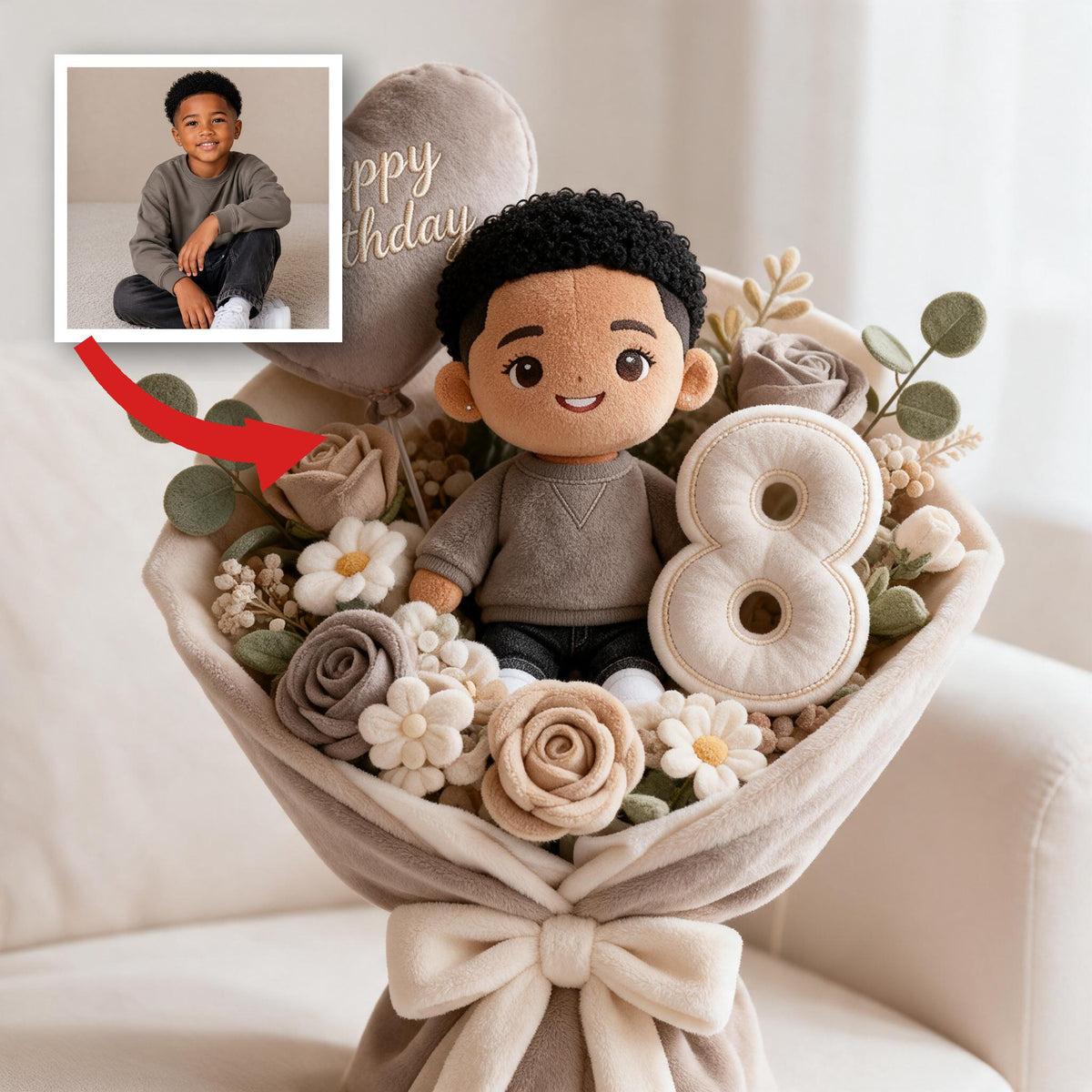 Personalized 8th Birthday Black Little Boy Faux Fur Pillow, Gift for Son Grandson