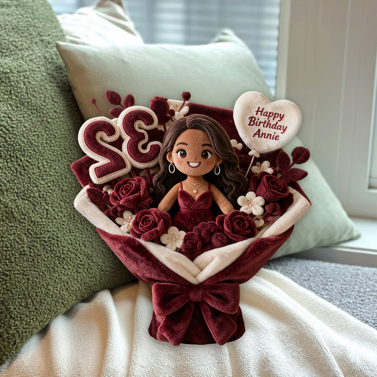 Personalized 25th Birthday Woman Flower Bouquet Faux Fur Pillow Gift