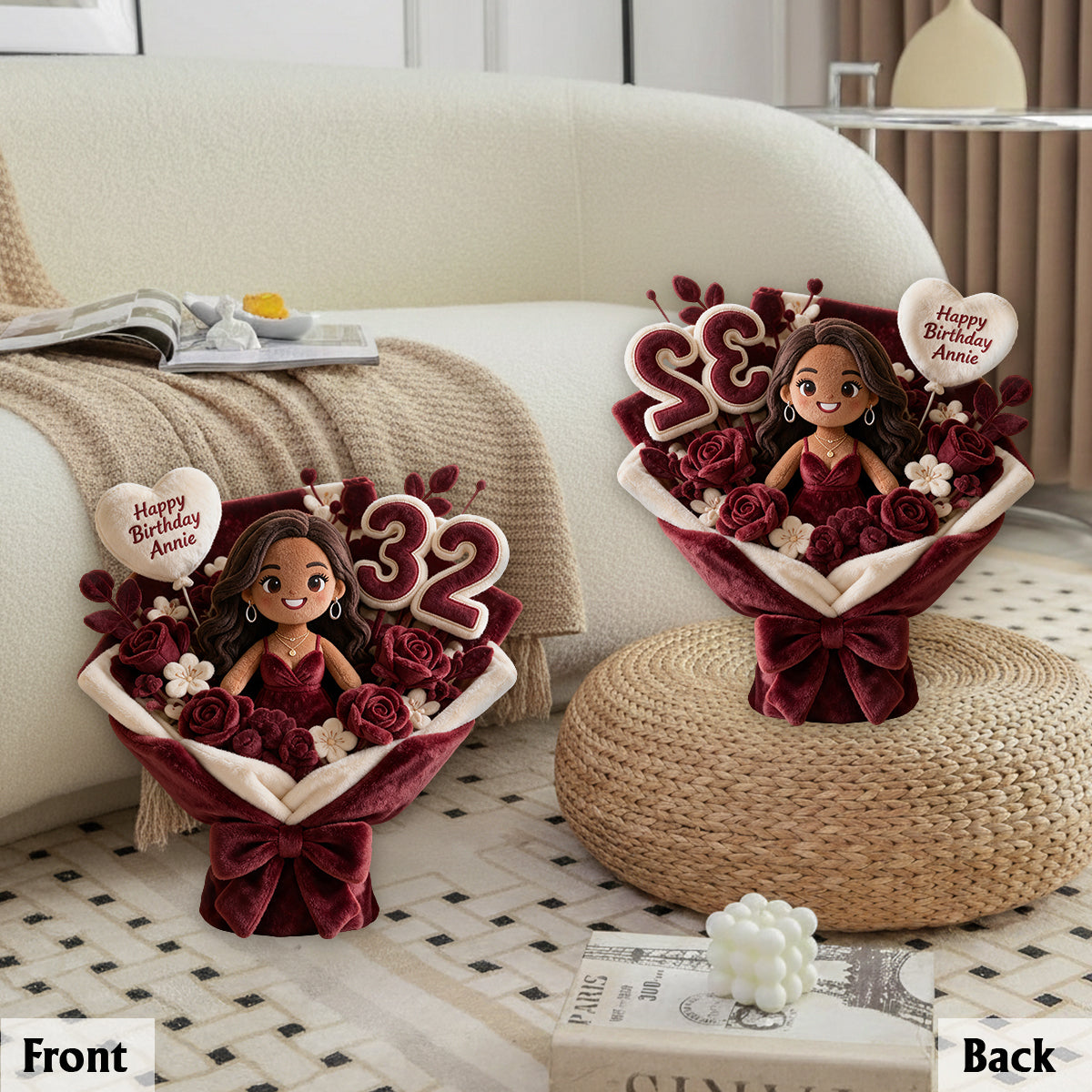 Personalized 45th Birthday Middle-Aged Black Woman Faux Fur Bouquet Pillow