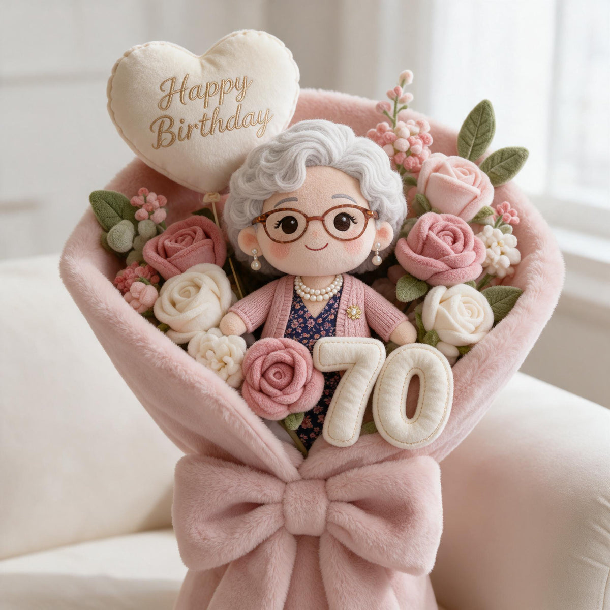 Coussin en fausse fourrure personnalisé pour le 70e anniversaire d'une femme noire âgée