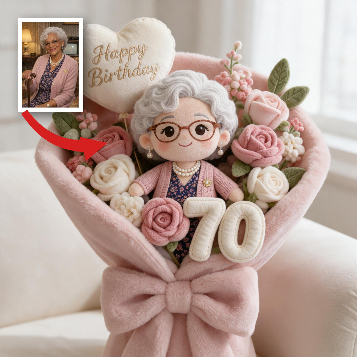 Coussin en fausse fourrure personnalisé pour le 70e anniversaire d'une femme noire âgée