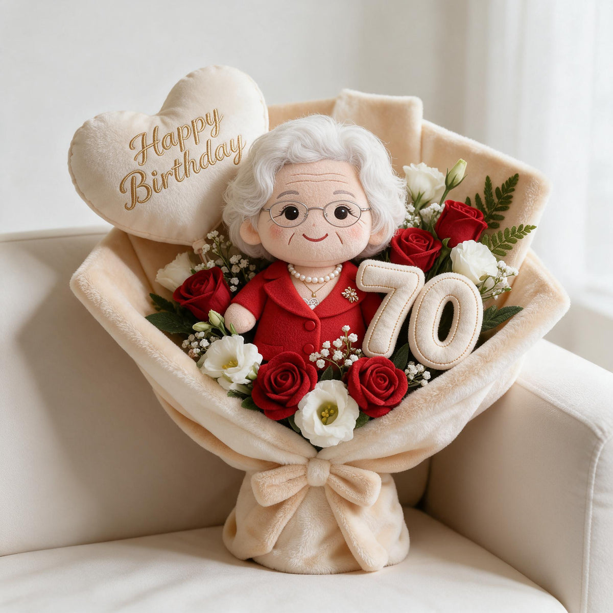 Coussin Bouquet en Fausse Fourrure Personnalisé pour le 70ème Anniversaire