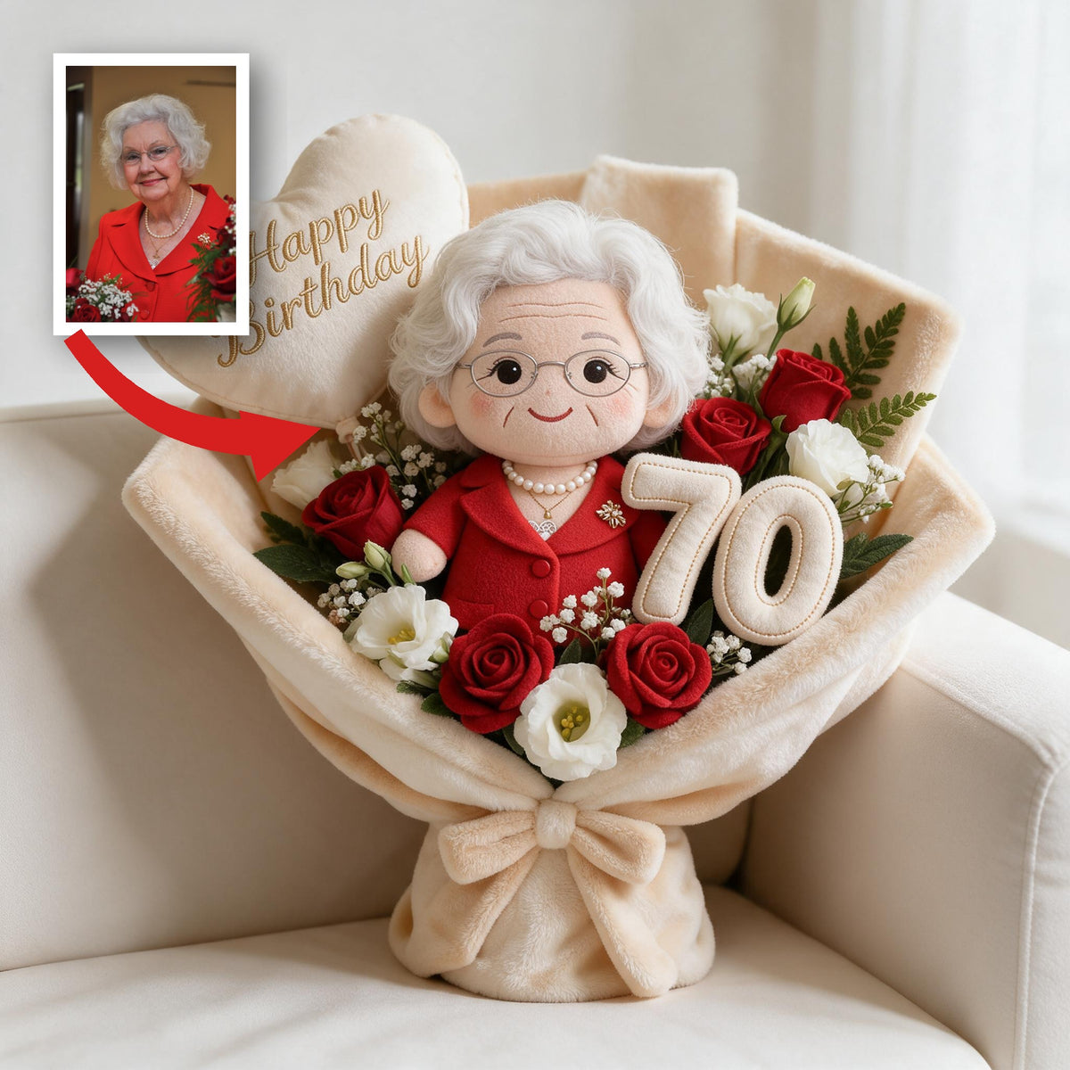 Coussin Bouquet en Fausse Fourrure Personnalisé pour le 70ème Anniversaire