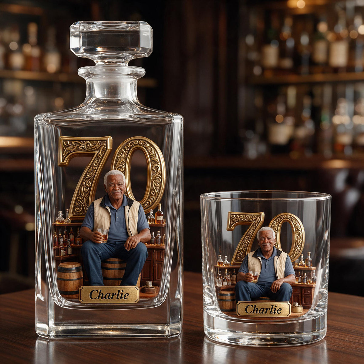 Personalized 70th Birthday Older Black Man Whiskey Decanter Set Dad Grandpa Gift