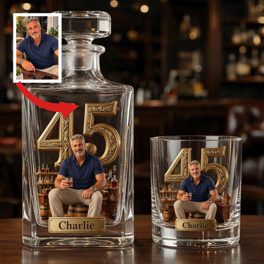 Cadeau personnalisé pour l'anniversaire de 45 ans d'un homme d'âge moyen - Ensemble de carafe à whisky pour papa mari