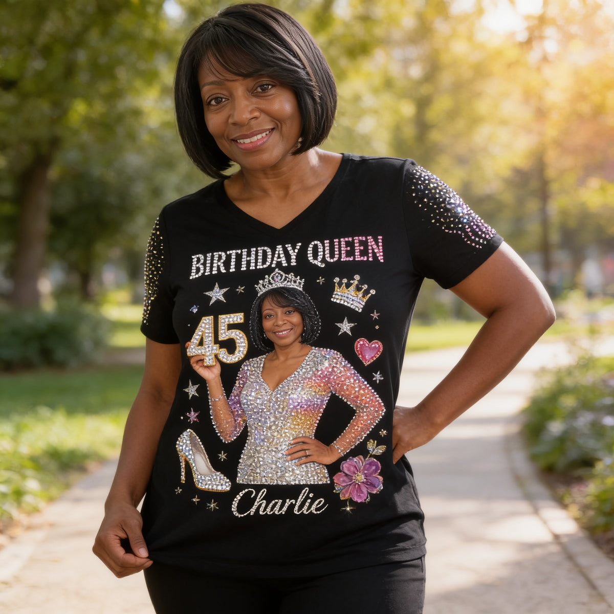 Personalized 45th Birthday Middle-Aged Black Woman V-Neck T-Shirt Gift