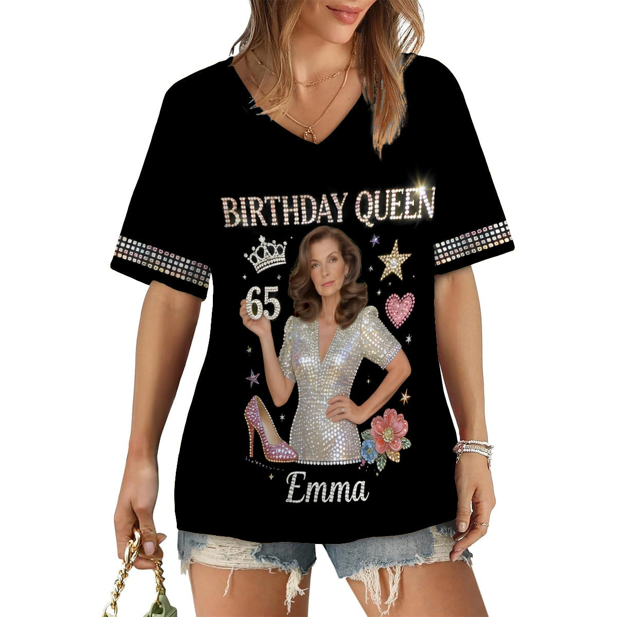 Personalized 45th Birthday Middle-Aged Woman V-Neck T-Shirt Birthday Queen Gift