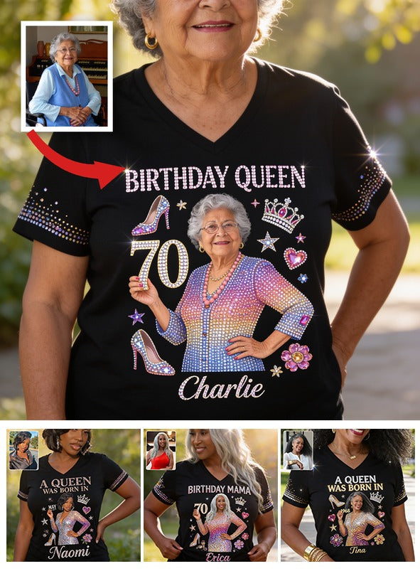 Personalized 70th Birthday Older Latina Woman V-Neck T-Shirt Grandma Gift
