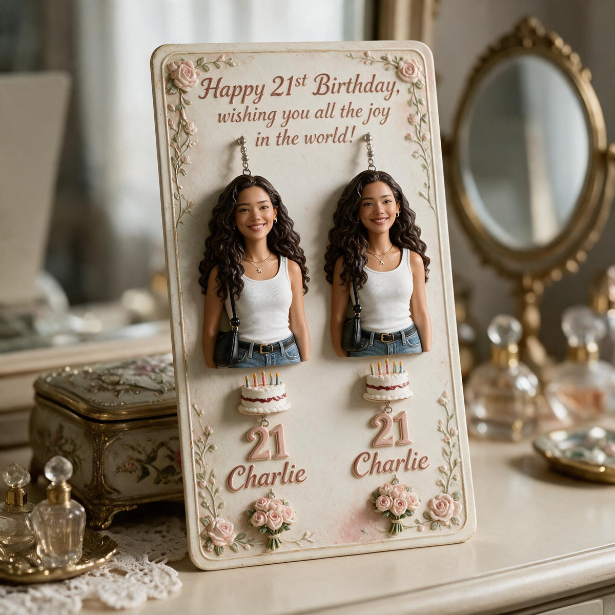 Personalized 21st Birthday Latina Woman Earrings with Display Card Gift for Her