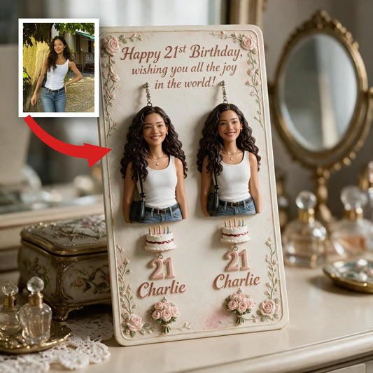 Boucles d'oreilles personnalisées pour le 21e anniversaire d'une femme latina avec carte d'affichage cadeau pour elle