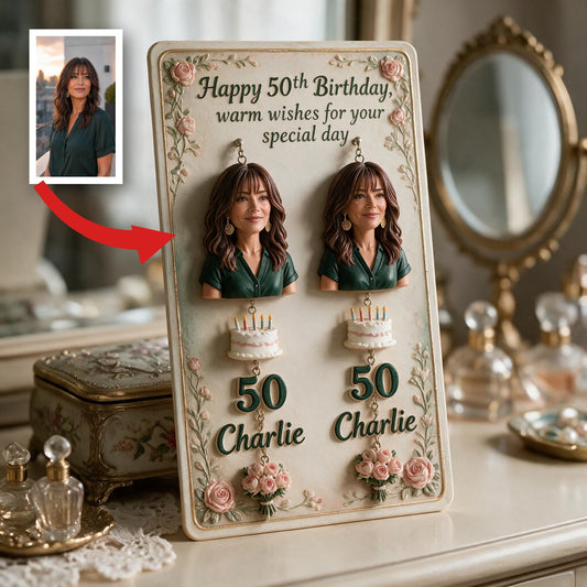 Boucles d'oreilles personnalisées pour le 50e anniversaire d'une femme latina d'âge moyen avec carte d'affichage cadeau pour maman, épouse, grand-mère