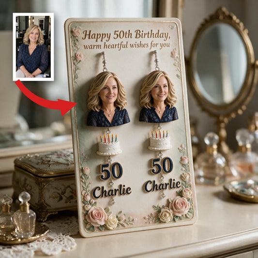 Boucles d'oreilles personnalisées pour le 50e anniversaire Femme d'âge moyen avec carte d'affichage Cadeau pour Maman Épouse Grand-mère