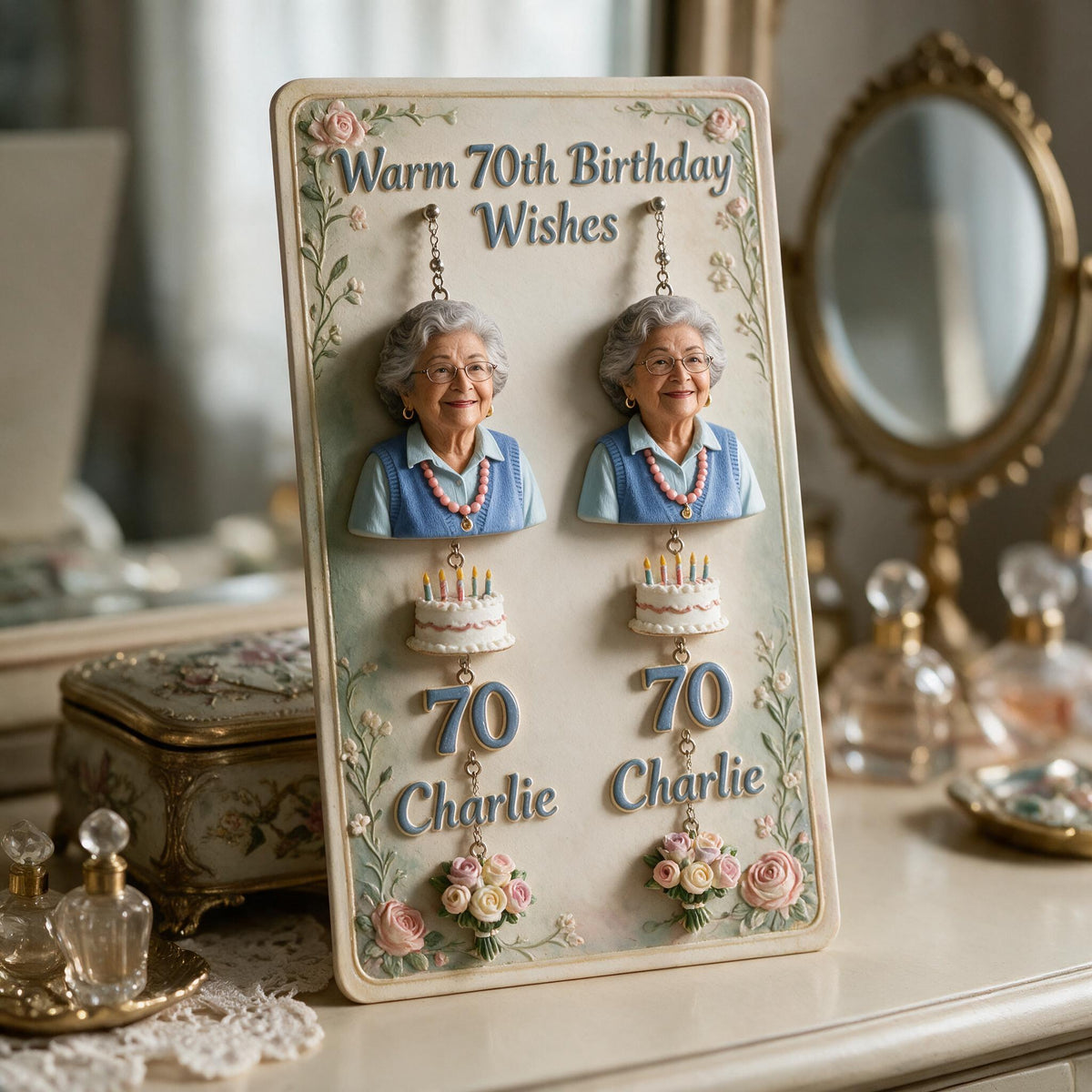 Personalisierte Ohrringe zum 70. Geburtstag für ältere Latina mit Karte, Geschenk für Oma Mama Frau