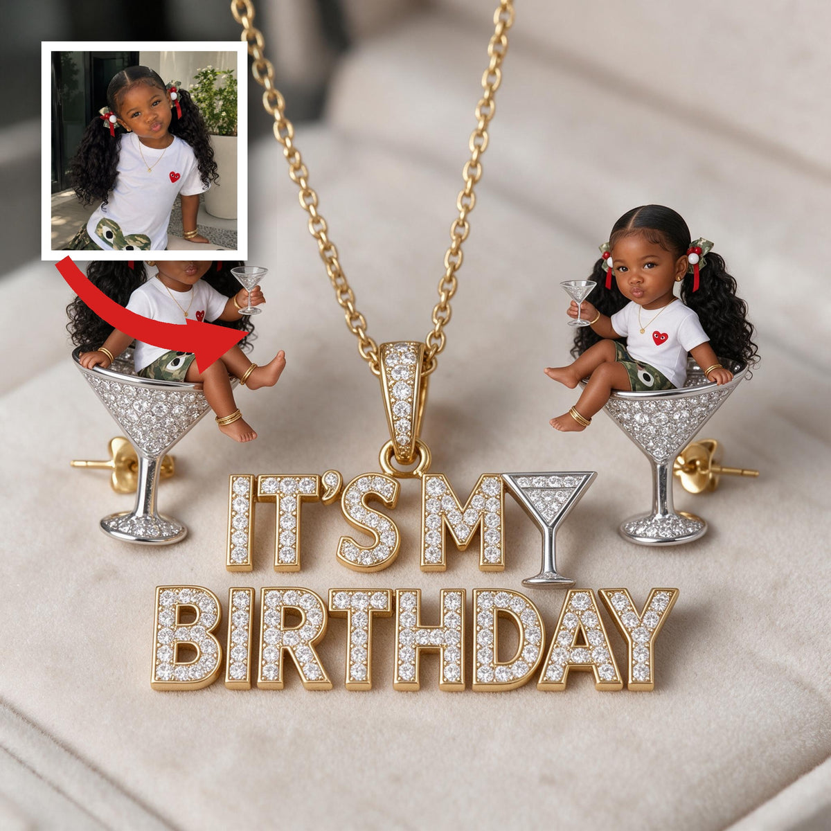 Personalized Birthday Black Little Girl Pendant Necklace & Stud Earrings Gift Set