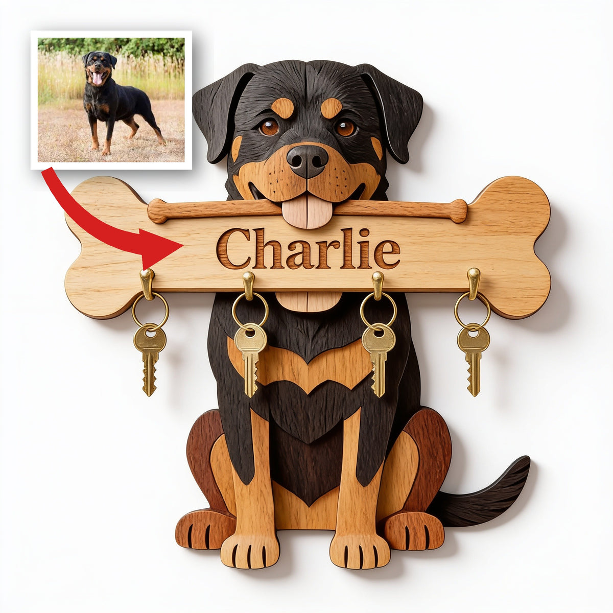 Personalized Black and Tan Adult Rottweiler Wooden Key Rack Dog Lover Home Decor Gift