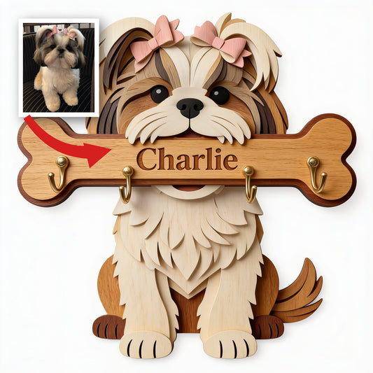 Personalisierter Flauschiger Shih Tzu Holzschlüsselhalter Wandorganizer