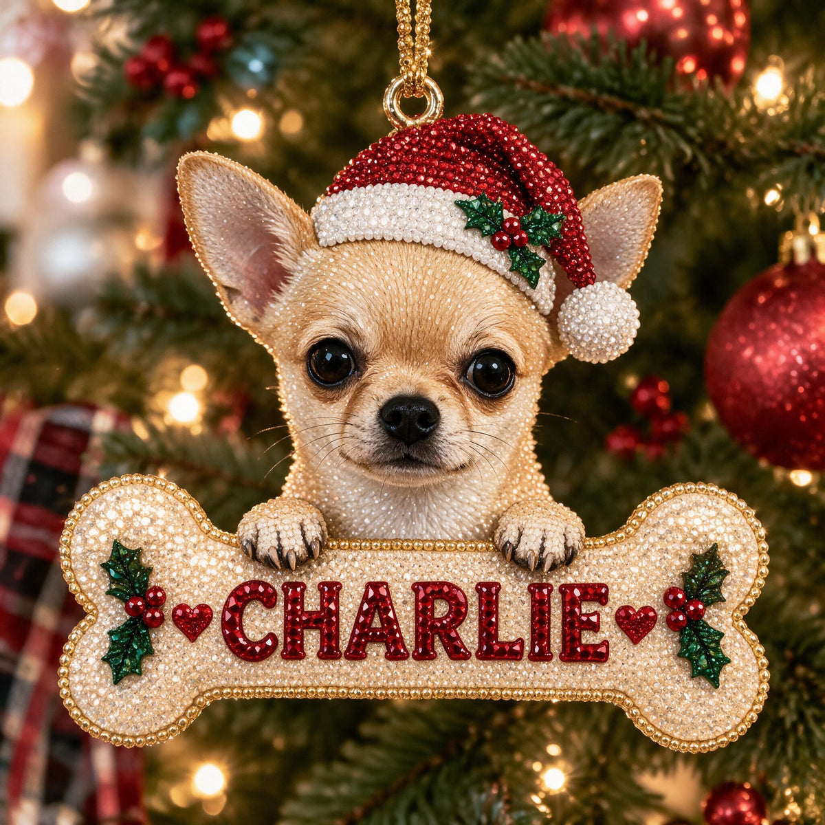 Personalized Christmas Fawn White Chihuahua Puppy Diamond Painting Ornament Kit