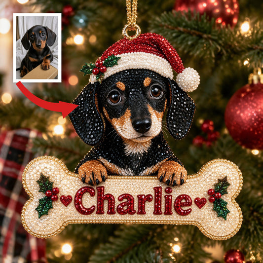 Ornement de Noël Personnalisé en Peinture Diamant de Chiot Teckel Noir et Feu