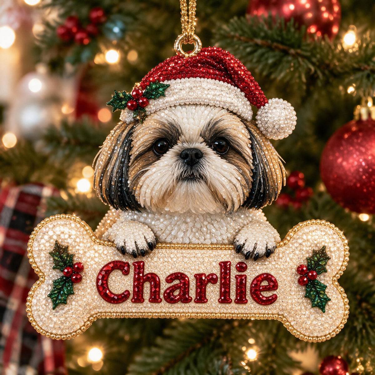Personalized Christmas Fluffy Shih Tzu Diamond Painting Ornament Kit